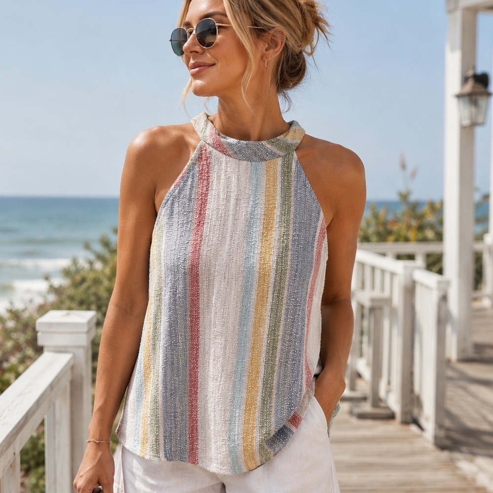 W5 Halter Tank Top Button Back Textured Striped Multicolor Large Boho Sleeveless